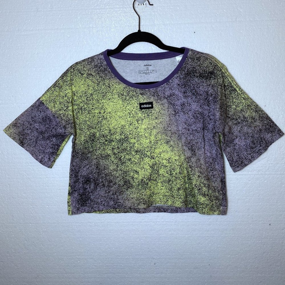 Adidas Womens Size Small Moment Crop Tee T-Shirt Purple Yellow Box Logo Top